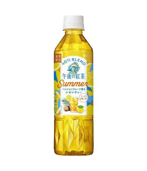 A bottle of Hojo Blend Summer matcha green tea beverage with a white cap, featuring a yellow liquid and a colorful label with Japanese text and illustrations of lemons and mint.