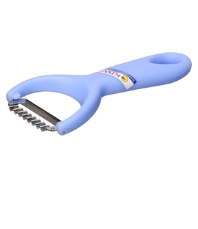 A blue kitchen tool designed for peeling or slicing, with a metal blade and a plastic handle.
