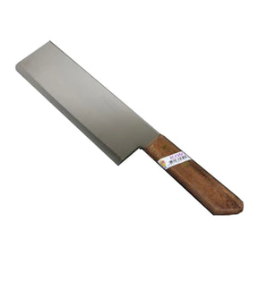 A stainless steel kitchen knife with a wooden handle and a label that reads 'Kiwi - Stainless Steel Kitchen Knife #22'.