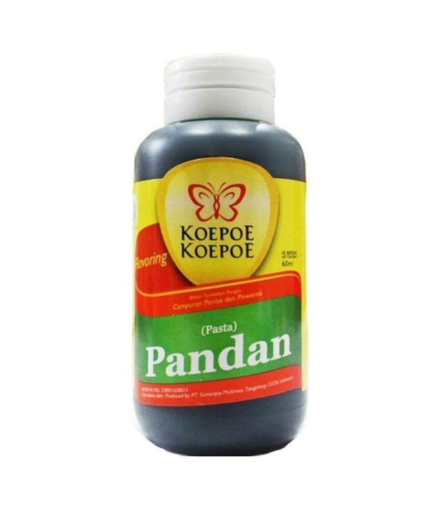 A bottle of Koepoe Koepoe Pandan flavoring syrup, featuring a white cap and a label with yellow, red, and green sections, set against a plain white background.