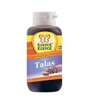 A bottle of Koepo Koepo Talas Taro, featuring a dark brown liquid inside a clear bottle with a white cap and a yellow, orange, and purple label.