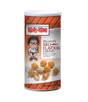 A packaged product of Koh-Kae BBQ Flavoured Coated Peanuts, showing the peanuts, brand logo, and an illustration of a character.