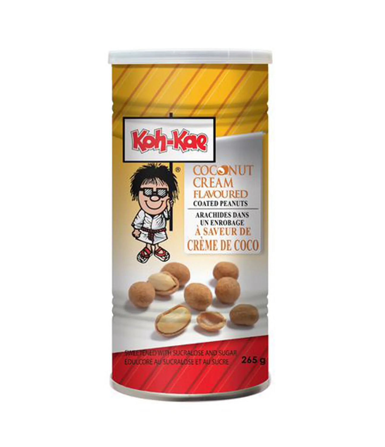A cylindrical package of Koh-Kae coconut cream flavored coated peanuts, with an illustration of a smiling character on the label.