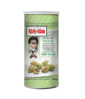 A can of Koh-Kae Nori Wasabi Flavoured Coated Peanuts with a cartoon character illustration on the label.