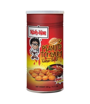 A canister of Koh-Kae Tom Yum Flavour Coated Peanuts, with the product visible through a clear window on the packaging. The label features the brand logo and an illustration of a character eating the peanuts.