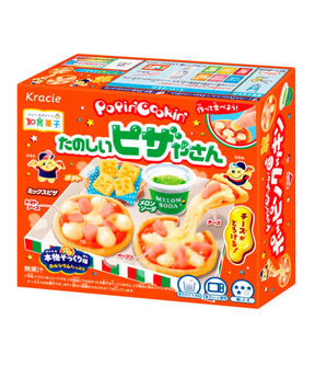 Packaging for Kracie Popin' Cookin' Candy Kit featuring illustrated images of candy pizzas and a child engaging with the product.