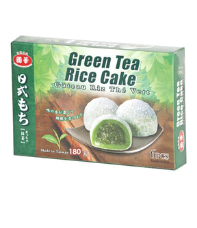 Packaging for Kuo Hua Green Tea Rice Cake, showing the product name, weight of 180g, and an image of the rice cake with green tea filling.