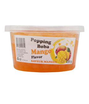 A container of Kuo Hua Popping Boba Mango Flavor, 450g, with the product visible through a clear lid.