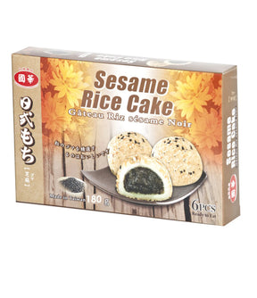 Packaging for Kuo Hua Sesame Rice Cake, showing the product and its name, with a background of yellow leaves, suggesting an autumn theme.