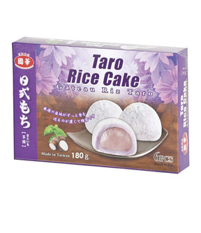 Packaging for Kuo Hua Taro Rice Cake (Mochi) showing the product name, weight of 180g, and an image of the rice cake with taro filling.