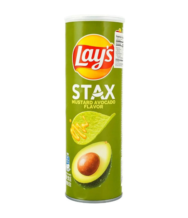 Lay's Stax Mustard Avocado flavor potato chip can on a white background