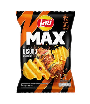A package of Lay's Max Ridged Potato Chips with BBQ Prik Pon Fai Flavor, 44g, on a white background.