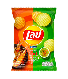 A package of Lay's potato chips featuring a 2in1 Thai Grilled Shrimp & Seafood Sauce Flavor, with images of chips and seafood on the bag, indicating it's a product of Thailand.
