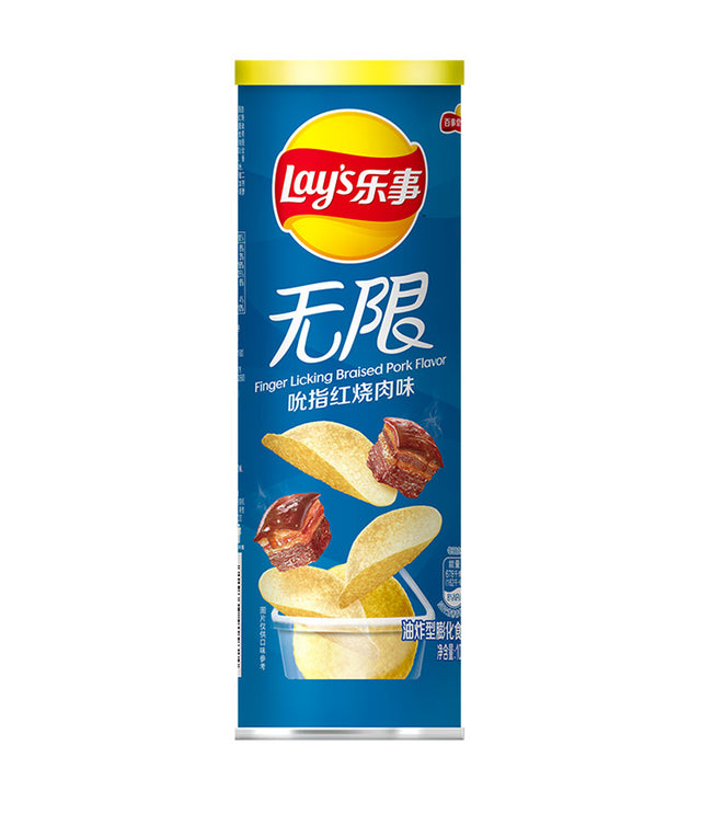 A package of Lay's potato chips with braised pork flavor, predominantly blue and yellow colors, common design for Chinese market.