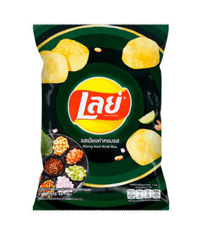 A package of Lay's Potato Chips featuring Mieng Kam Krob Ros Flavor, with images of the chips and additional snacks on the front.