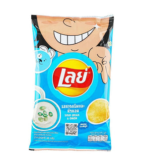 A bag of Lay's Potato Chips with Sour Cream & Onion Flavor, 48g, with packaging that includes a smiling character and product images.
