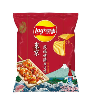 A package of Lay's potato chips featuring Teriyaki Chicken Skewers flavor, with an image of the product on a red background.
