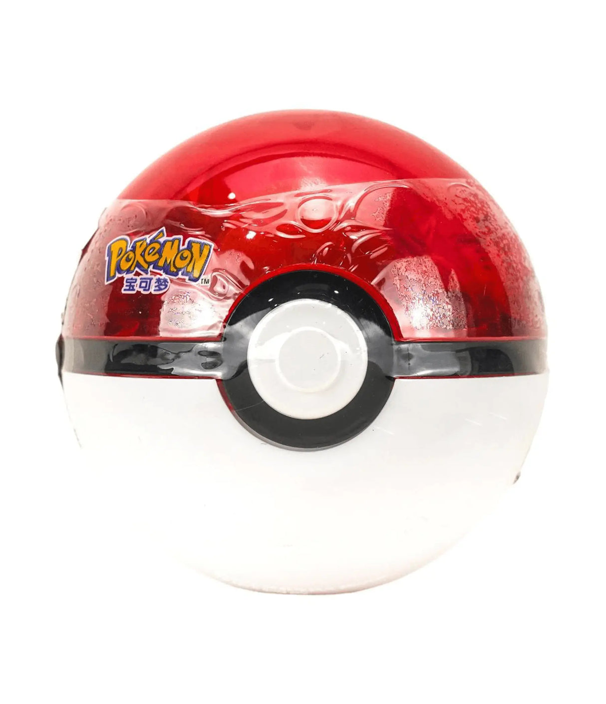 A red and white translucent Pokémon ball-shaped container or decorative item with a black horizontal band and the Pokémon logo printed on the side, shown on a plain white background.