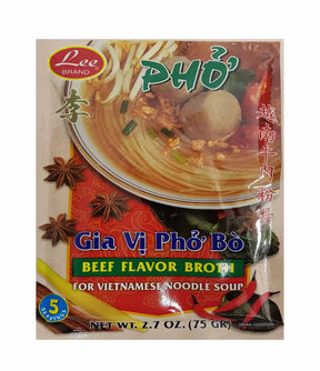 Packaging of Lee Brand Beef Flavor Broth for Vietnamese Noodle Soup, showing the product name, weight (75g), and an illustration of a bowl of pho with beef and vegetables.