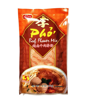 Packaging of Lee Brand Pho Beef Flavor Mix, showing a picture of the product and beef pho soup