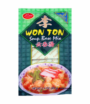 Packaging of Lee Brand Wonton Soup Base Mix featuring an image of wonton soup on the front.