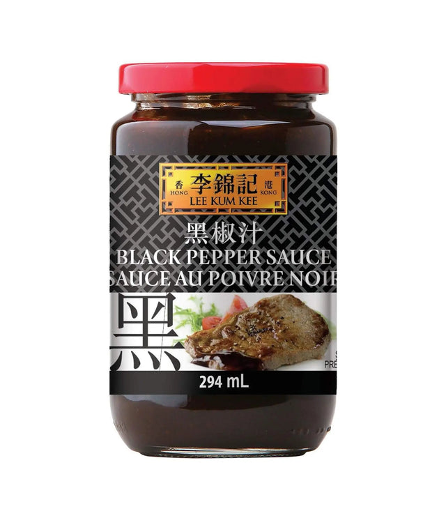 A jar of Lee Kum Kee Black Pepper Sauce with a label showing the product name and an image of a steak covered in the sauce.