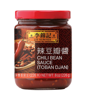 A jar of Lee Kum Kee Chili Bean Sauce (Toban Djan) with a label showing the product name and a picture of chili peppers. The jar is labeled as 226g and 8 oz.