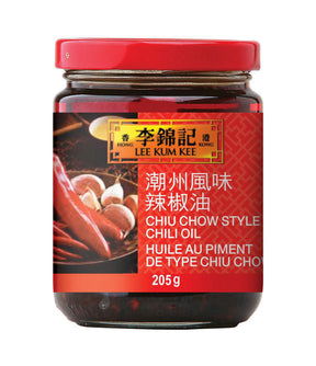 A jar of Lee Kum Kee Chiu Chow Style Chili Oil with a red lid and a label showing the product name and an image of chili peppers.
