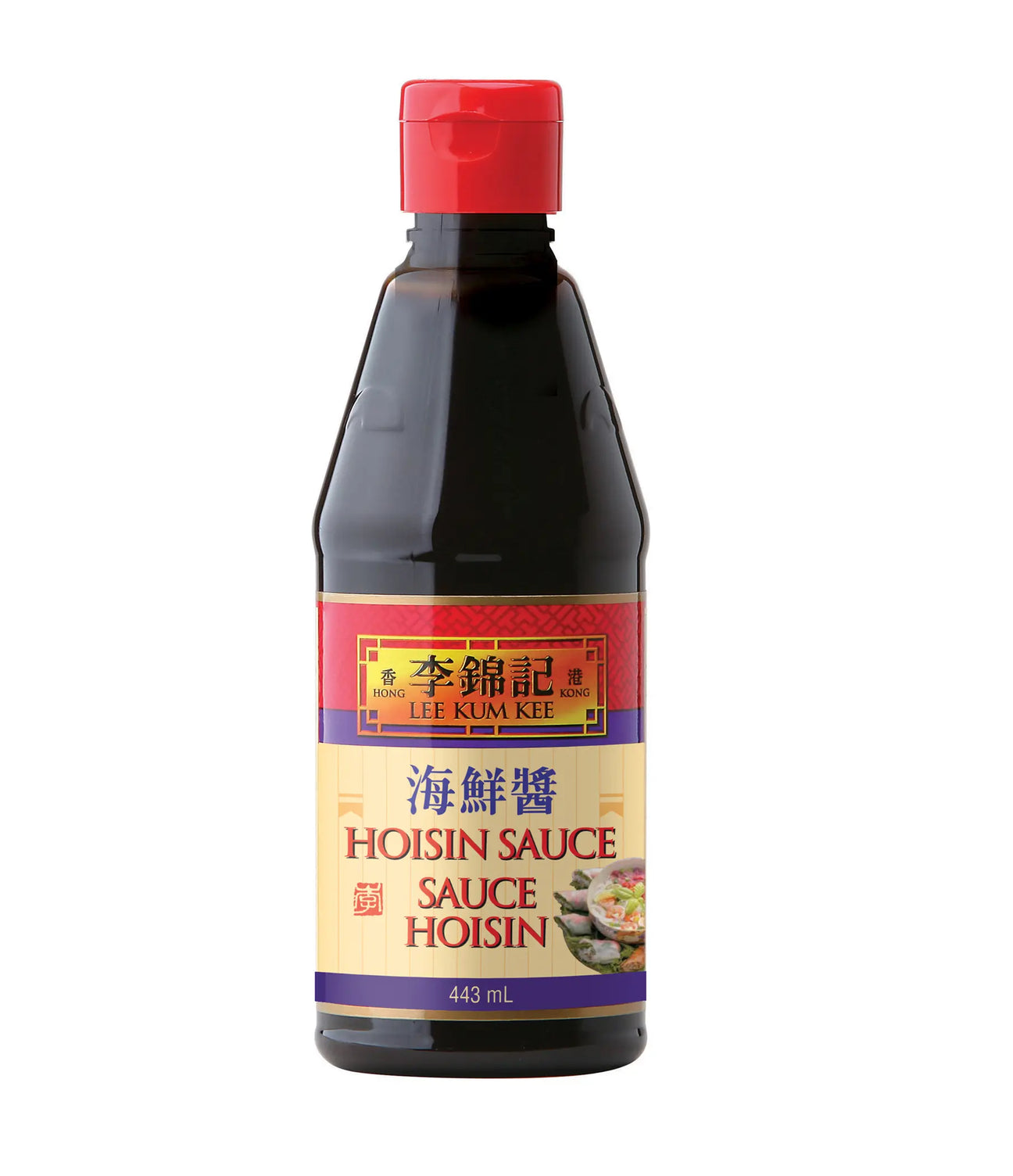 Bottle of Lee Kum Kee Hoisin Sauce 443ml with product label in English and Chinese.