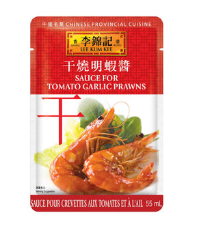 Packaging of Lee Kum Kee Sauce for Tomato Garlic Prawns featuring an image of cooked prawns and the product details in English and Chinese.
