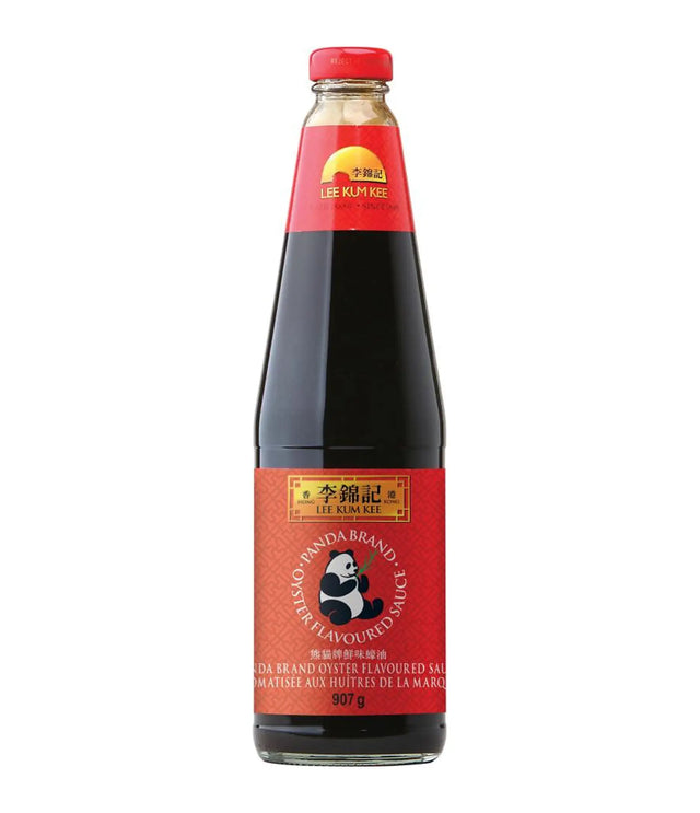A 907g glass bottle of Lee Kum Kee Oyster Flavoured Sauce, featuring a red label with a panda logo and a red cap, isolated on a white background.