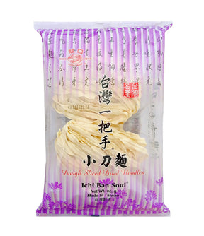 Packaged Long Kow dough sliced dried noodles, 300g, with purple and white packaging displaying Chinese characters and product information.