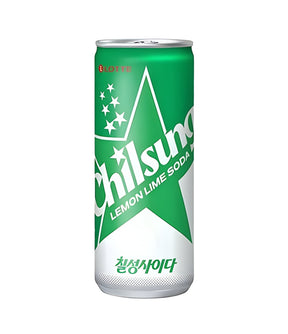 A single can of Chilsung Lemon Lime Soda on a plain white background. The can features a vibrant green and white design with a large star graphic and the brand name 'Chilsung' written in white script.