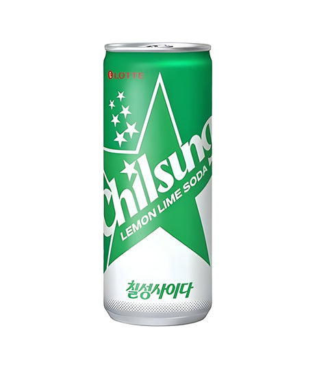 A single can of Chilsung Lemon Lime Soda on a plain white background. The can features a vibrant green and white design with a large star graphic and the brand name 'Chilsung' written in white script.