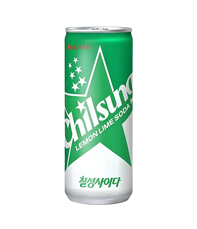 A single can of Chilsung Lemon Lime Soda on a plain white background. The can features a vibrant green and white design with a large star graphic and the brand name 'Chilsung' written in white script.