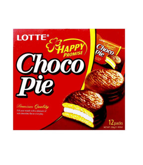 A box of Lotte Choco Pie, displaying the product name, images of the choco pie, and the number of pieces, 12 packs.