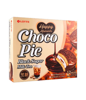 Box of Lotte Choco Pie Black Sugar Milk Tea, showing the product name, image of the pie, and the packaging design.