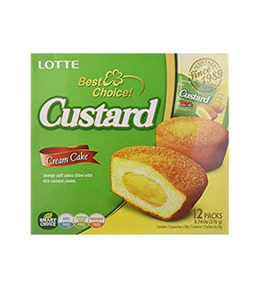 Packaging of Lotte Custard Cream Cake showing the product and its features.