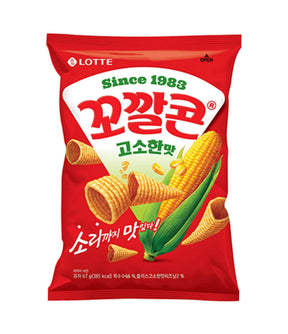 Red snack package with corn illustration and Lotte branding on a white background