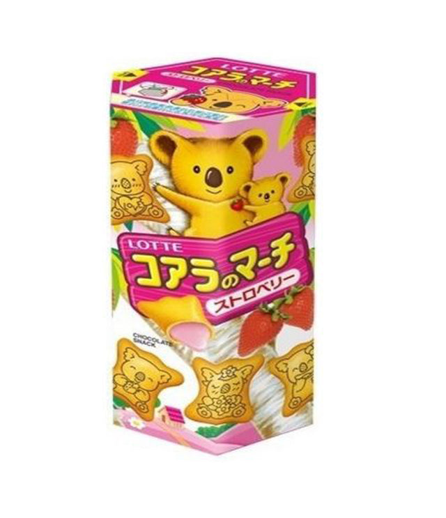 A package of Lotte Koala's March Biscuits in Strawberry Flavour, featuring illustrations of a koala and biscuits on a pink background.