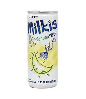 A can of Lotte Milkis Banana flavor, predominantly white with banana illustrations and blue text.