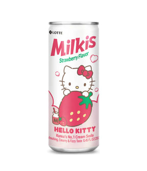 A can of Lotte Milkis strawberry flavor with Hello Kitty design