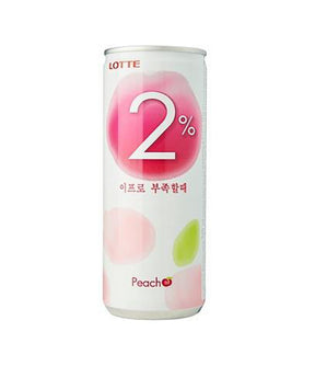 A can of Lotte Peach Juice with a pink number 2% displayed prominently on the label.