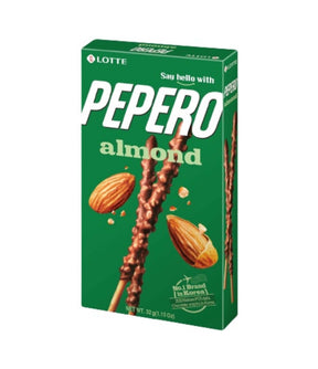 Box of Lotte Pepero stick biscuits with almond and chocolate, product of Korea, packaging with green background and images of the biscuits.