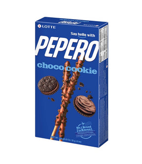 A box of Lotte Pepero Choco Cookie Stick Biscuit with a blue background, featuring images of the chocolate-coated cookie sticks and whole cookies.