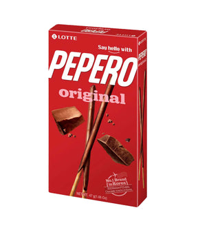 A box of Lotte Pepero Original biscuits, featuring images of chocolate-covered biscuit sticks on the front.