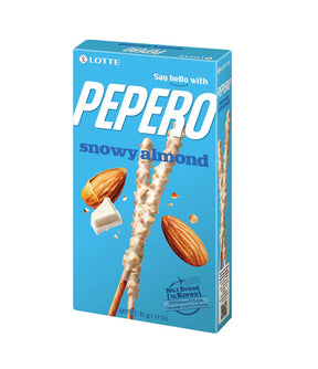 Box of Lotte Pepero Snowy Almond Stick Biscuit 32g, displaying the product name and a picture of the biscuits with almonds.