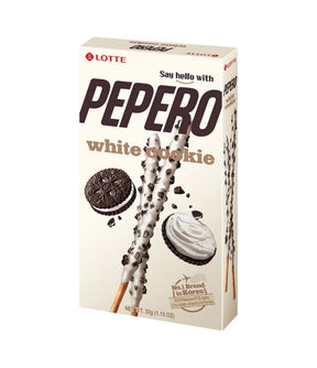 A box of Lotte Pepero White Cookie Stick Biscuit with white chocolate, displaying the product and its name prominently.