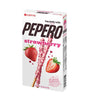 A box of Lotte Pepero Strawberry chocolate-covered stick, featuring a white background with pink and red strawberry graphics and a large black 'PEPERO' logo.