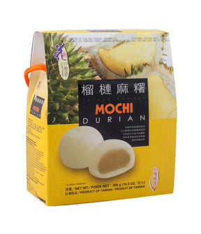 Packaging of Love & Love Durian Mochi featuring an image of the product, durian fruit, and the text 'MOCHI DURIAN' prominently displayed.